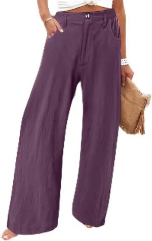 Linen Wide Leg Pants for Women High Waisted Palazzo Casual Lounge Beach Trousers Casual Elastic Waist Solid Jogger