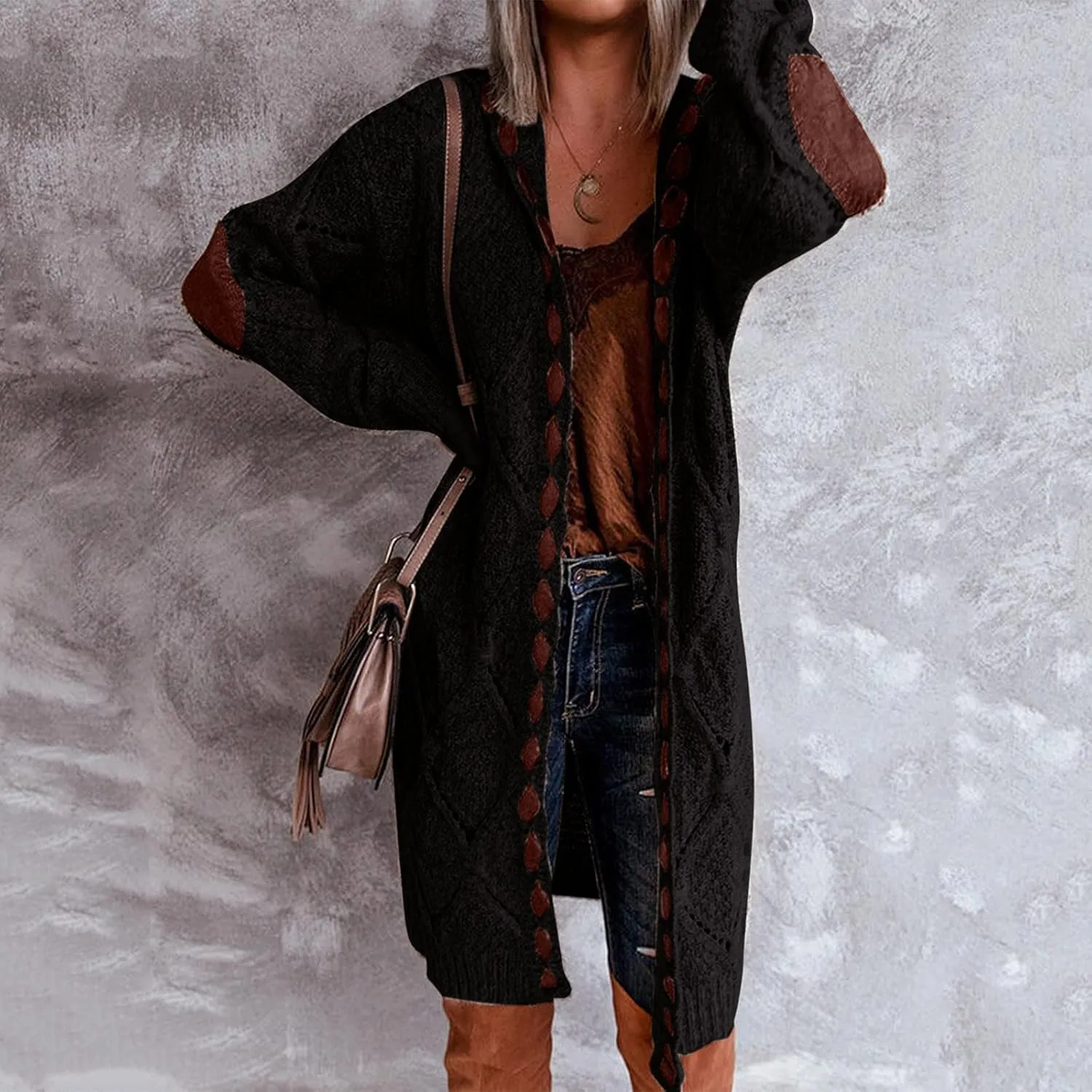 Long Chunky Cardigans for Women Casual Comfy Knit Sweater Coat Fashion Long Sleeve Hood Outwear with Elbow Patches