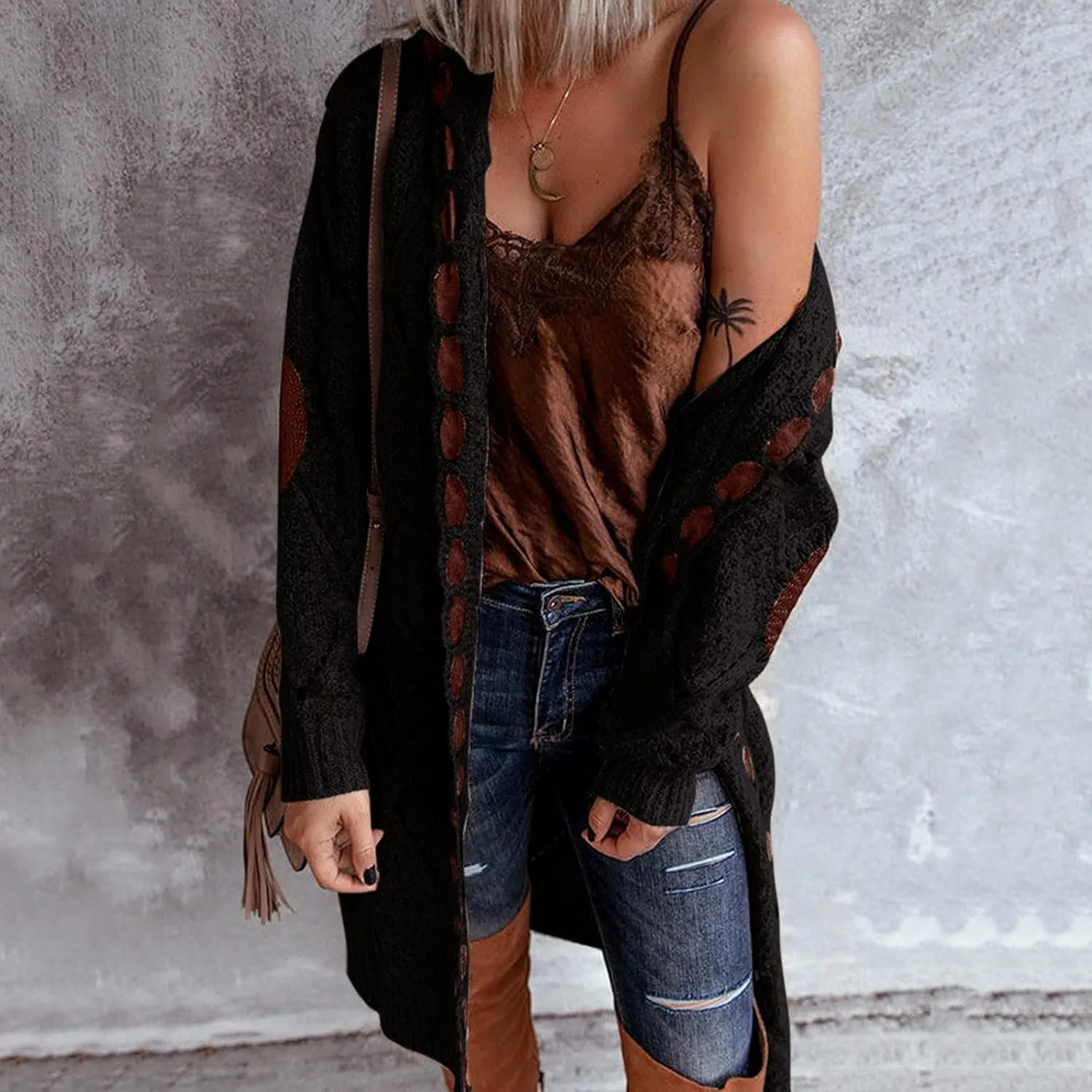 Long Chunky Cardigans for Women Casual Comfy Knit Sweater Coat Fashion Long Sleeve Hood Outwear with Elbow Patches