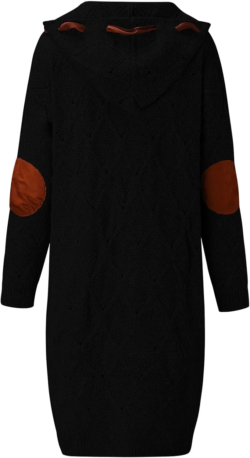 Long Chunky Cardigans for Women Casual Comfy Knit Sweater Coat Fashion Long Sleeve Hood Outwear with Elbow Patches