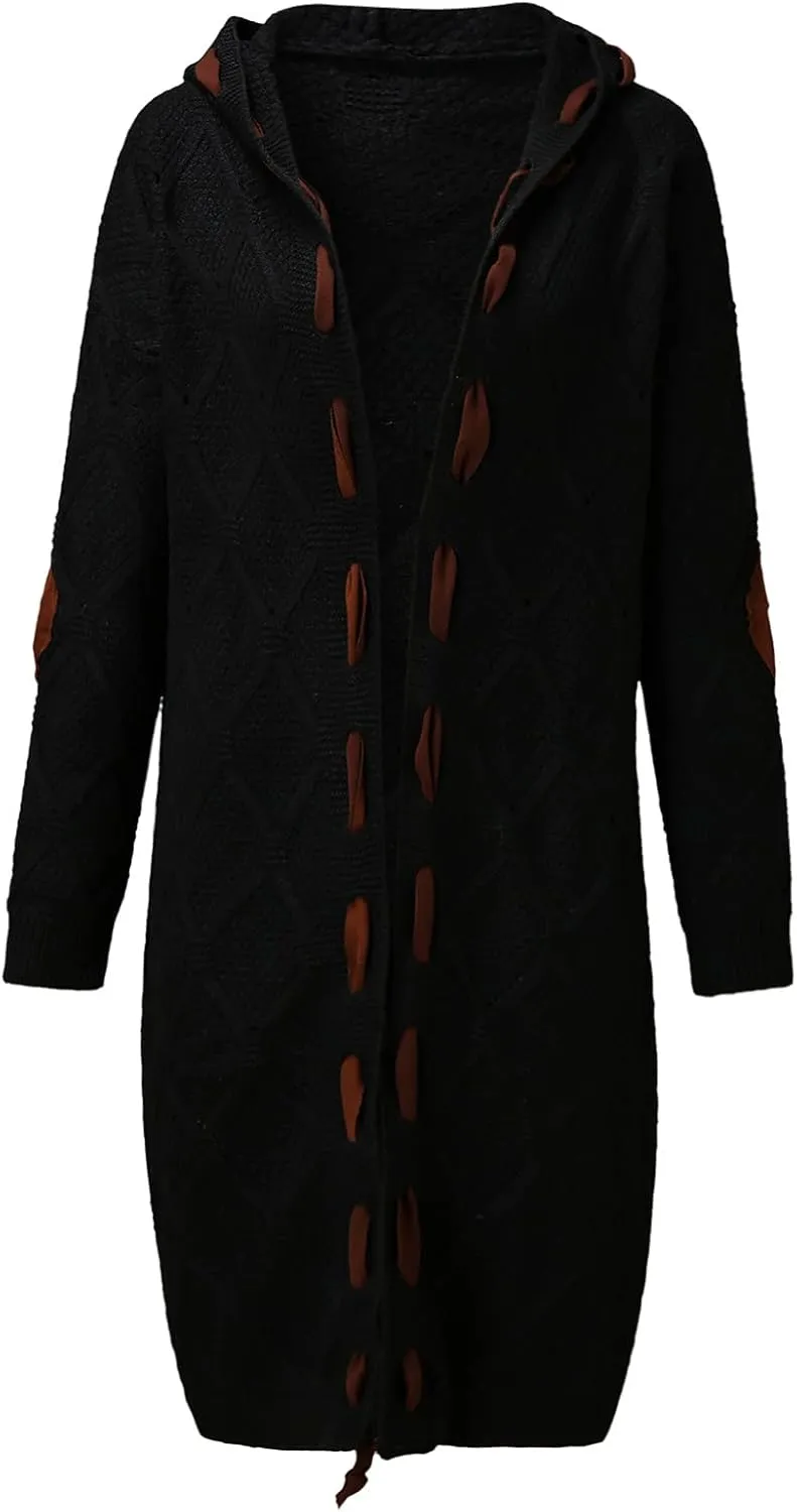 Long Chunky Cardigans for Women Casual Comfy Knit Sweater Coat Fashion Long Sleeve Hood Outwear with Elbow Patches