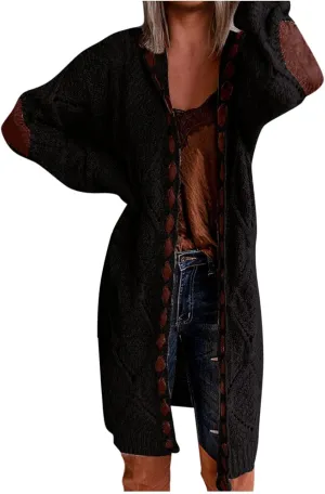 Long Chunky Cardigans for Women Casual Comfy Knit Sweater Coat Fashion Long Sleeve Hood Outwear with Elbow Patches