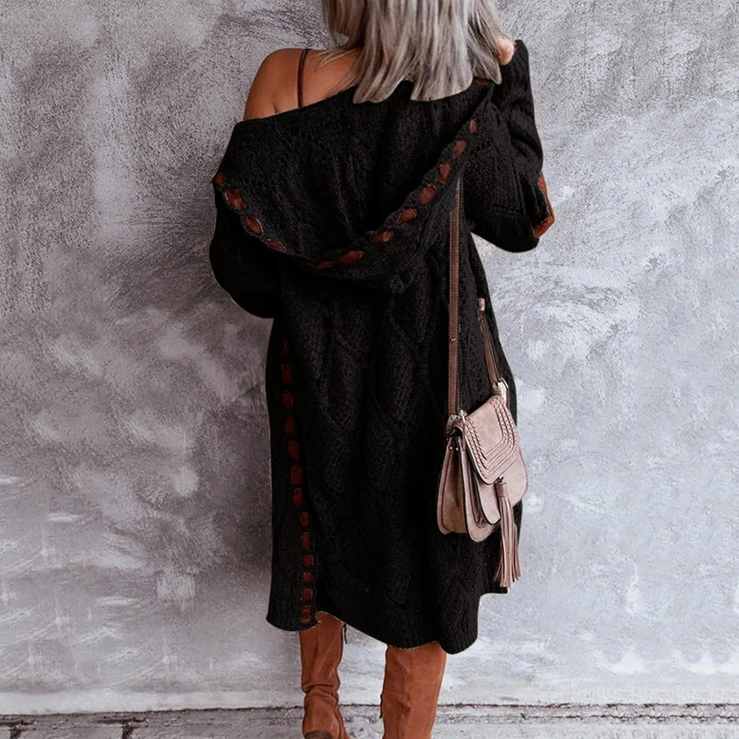 Long Chunky Cardigans for Women Casual Comfy Knit Sweater Coat Fashion Long Sleeve Hood Outwear with Elbow Patches