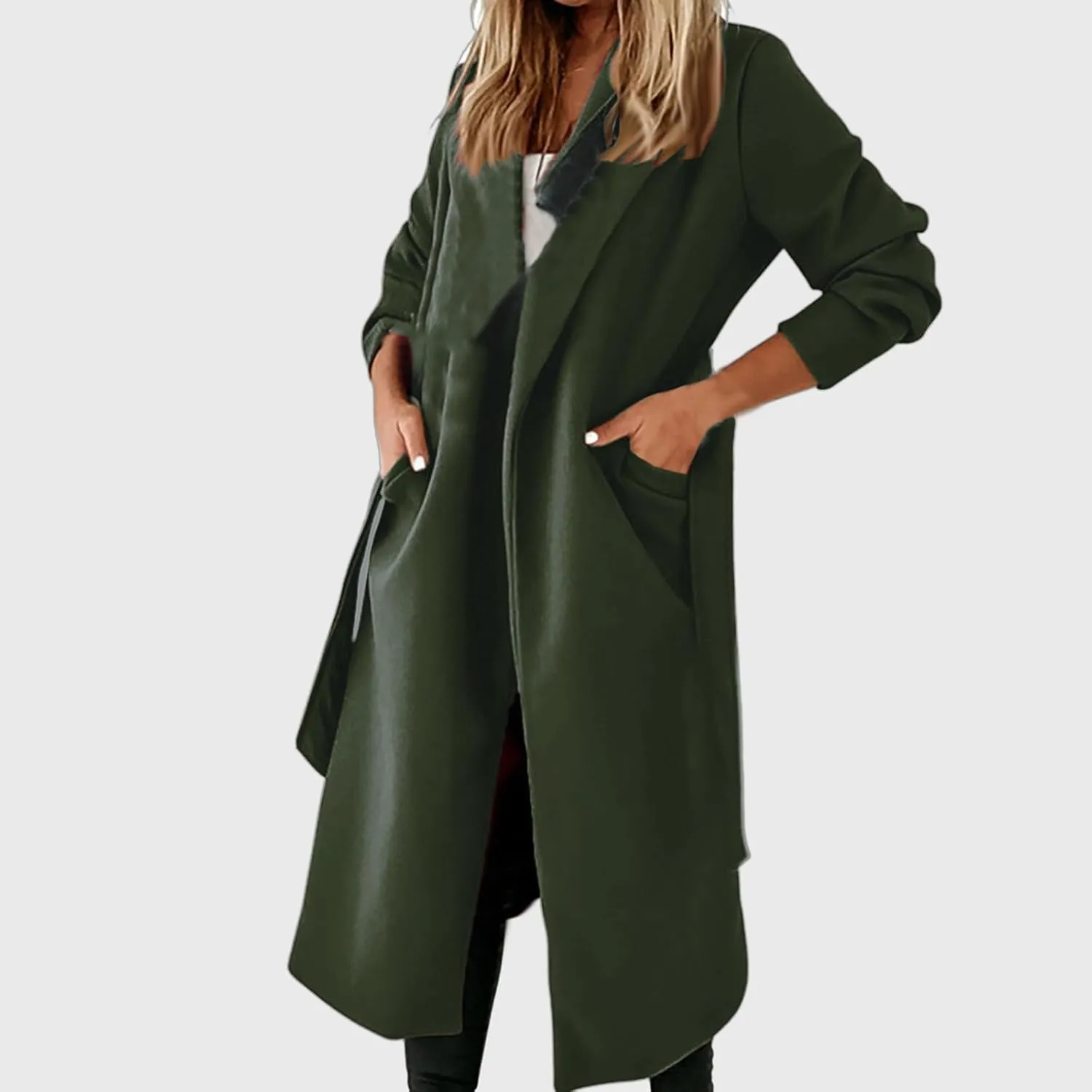 Long Jacket for Women Plus Size Solid Color Elegant Woolen Coat Lapel Open Front Loose Fit Long Sleeve Cardigans Coat