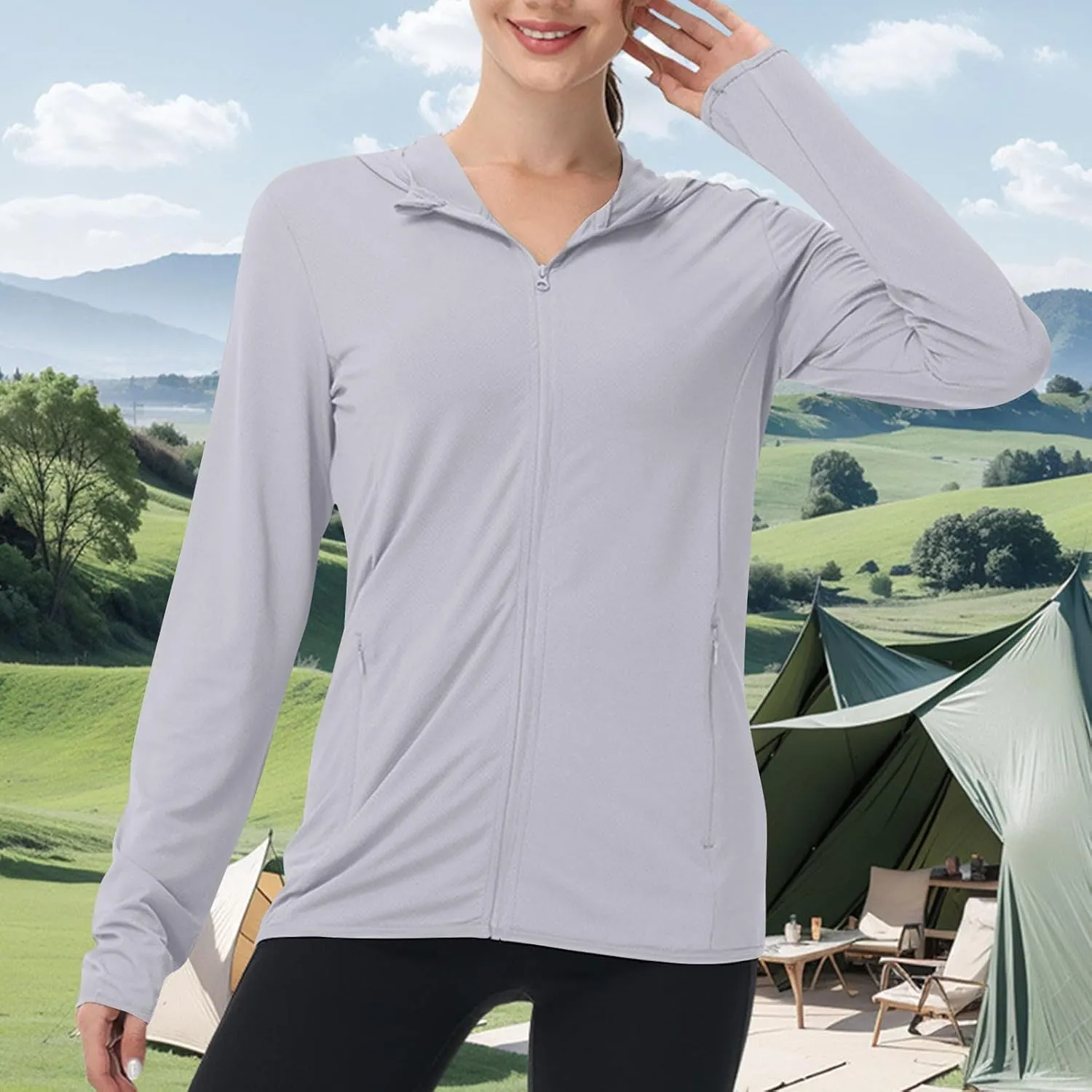 Long Sleeve Shirts for Women Sun Protection Clothing Women's UPF50  Workout Tops with Zip Pockets