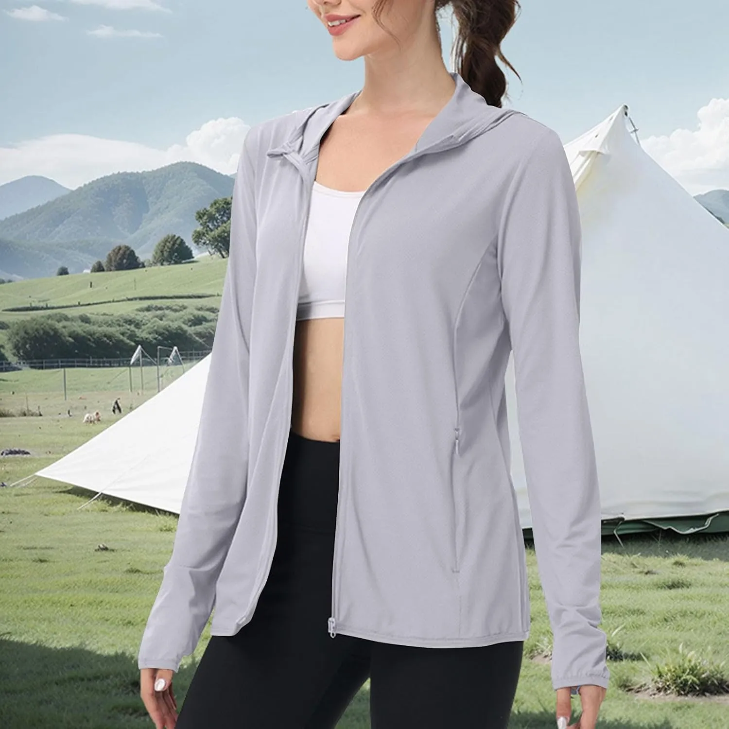 Long Sleeve Shirts for Women Sun Protection Clothing Women's UPF50  Workout Tops with Zip Pockets