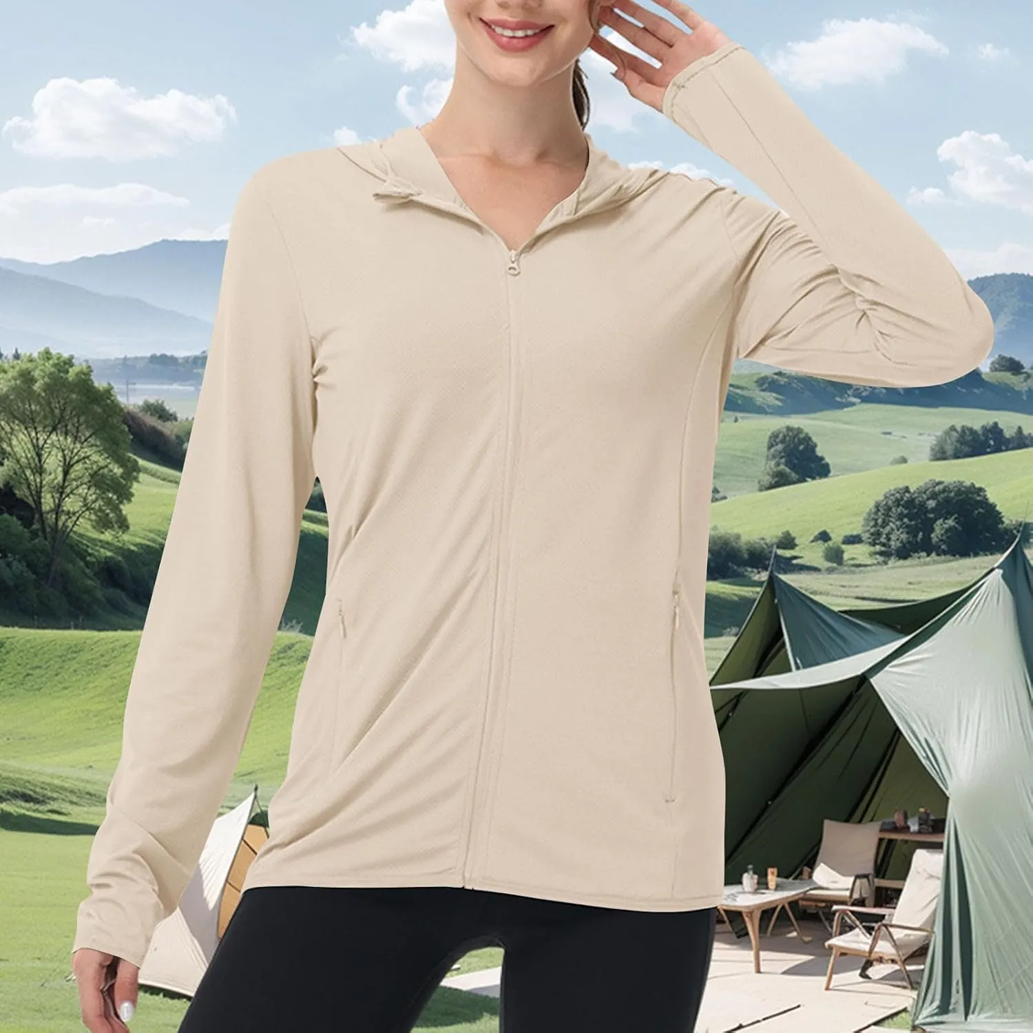 Long Sleeve Shirts for Women Sun Protection Clothing Women's UPF50  Workout Tops with Zip Pockets