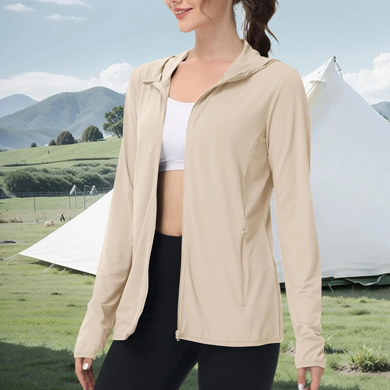 Long Sleeve Shirts for Women Sun Protection Clothing Women's UPF50  Workout Tops with Zip Pockets
