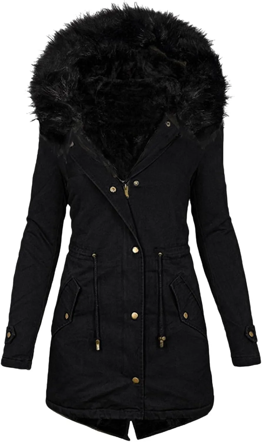 Long Winter Jacket for Women Zip Up Button Plus Size Hooded Cardigan Sherpa Lined Fuzzy Fleece Thickened Warm Jackets