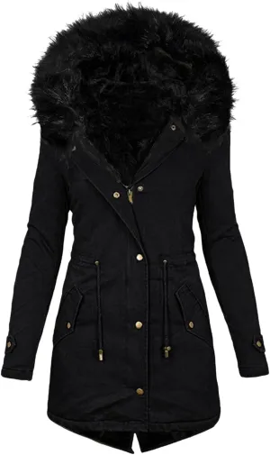 Long Winter Jacket for Women Zip Up Button Plus Size Hooded Cardigan Sherpa Lined Fuzzy Fleece Thickened Warm Jackets