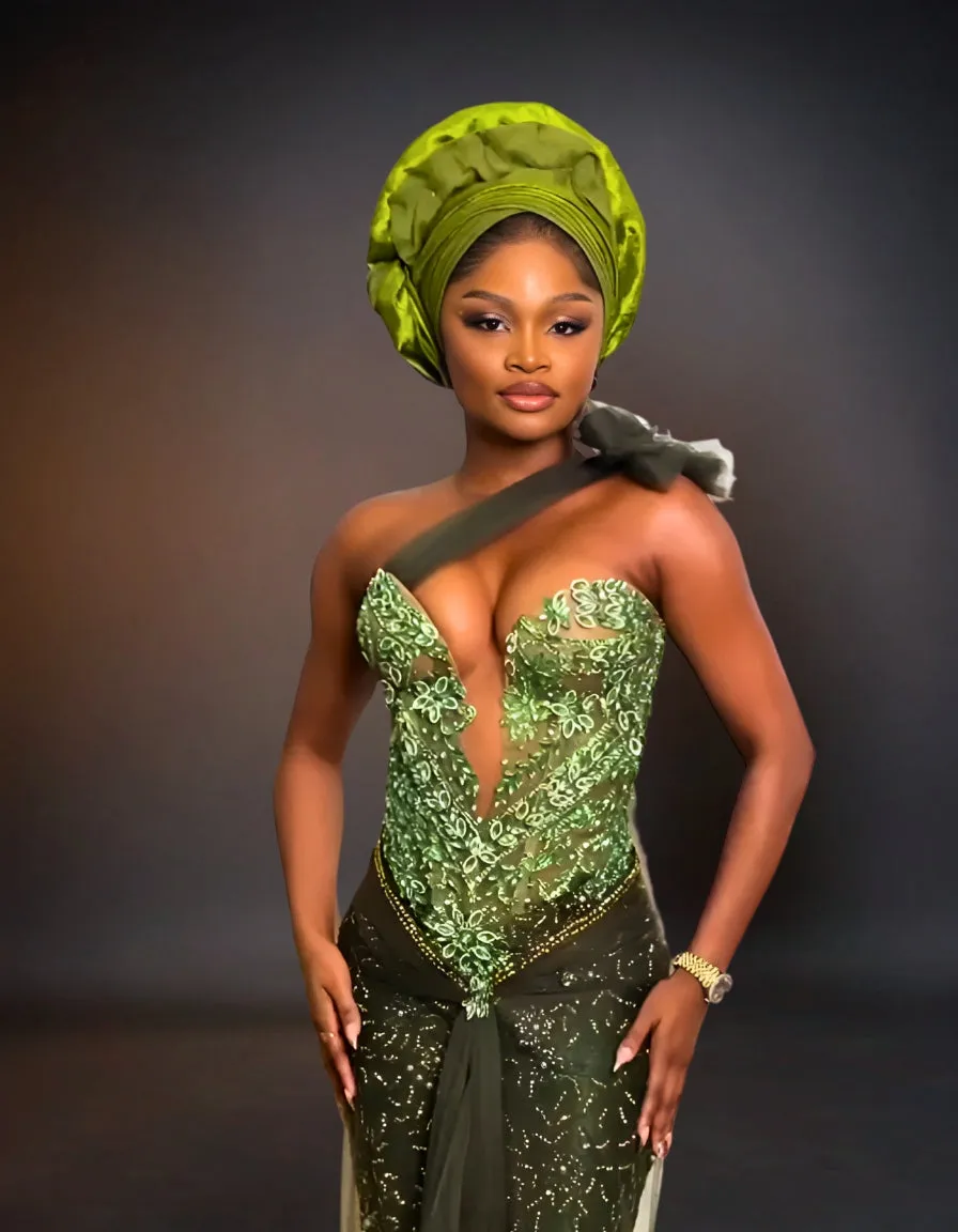 Luxury Beaded Embroidered Traditional Party Dresses | Green Aso Ebi