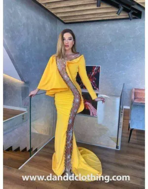 Luxury Evening Dress Yellow and Golden Strip