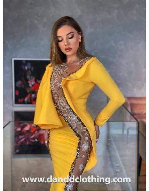 Luxury Evening Dress Yellow and Golden Strip