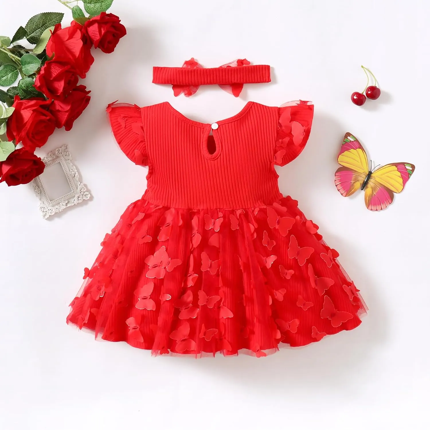LYSMuch Baby Girl Butterfly Dress Baby Princess Short Sleeve Party Dress