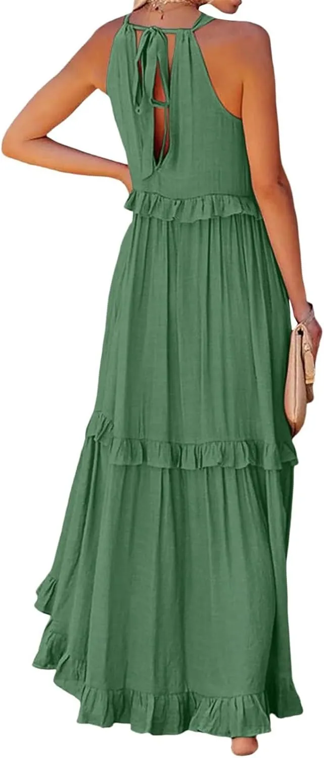 Maxi Dresses for Women 2025 Summer Sleeveless Halter Neck Tea Party Flowy Vacation Tiered Loose Long Dress