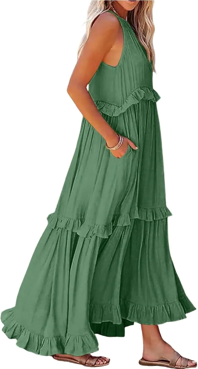 Maxi Dresses for Women 2025 Summer Sleeveless Halter Neck Tea Party Flowy Vacation Tiered Loose Long Dress