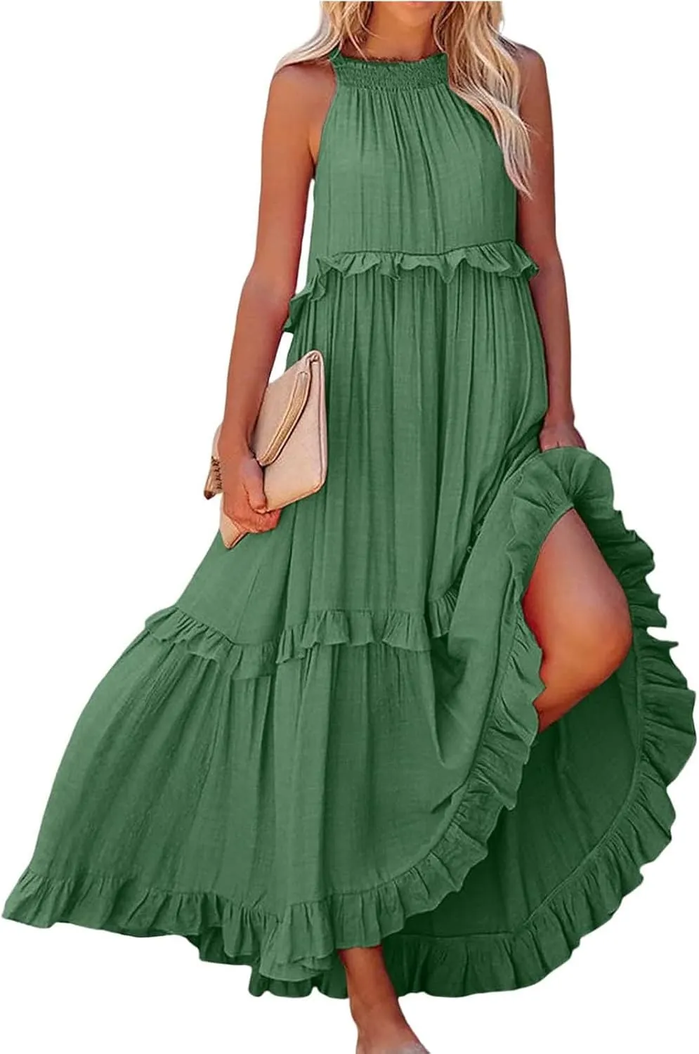 Maxi Dresses for Women 2025 Summer Sleeveless Halter Neck Tea Party Flowy Vacation Tiered Loose Long Dress