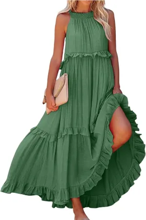 Maxi Dresses for Women 2025 Summer Sleeveless Halter Neck Tea Party Flowy Vacation Tiered Loose Long Dress