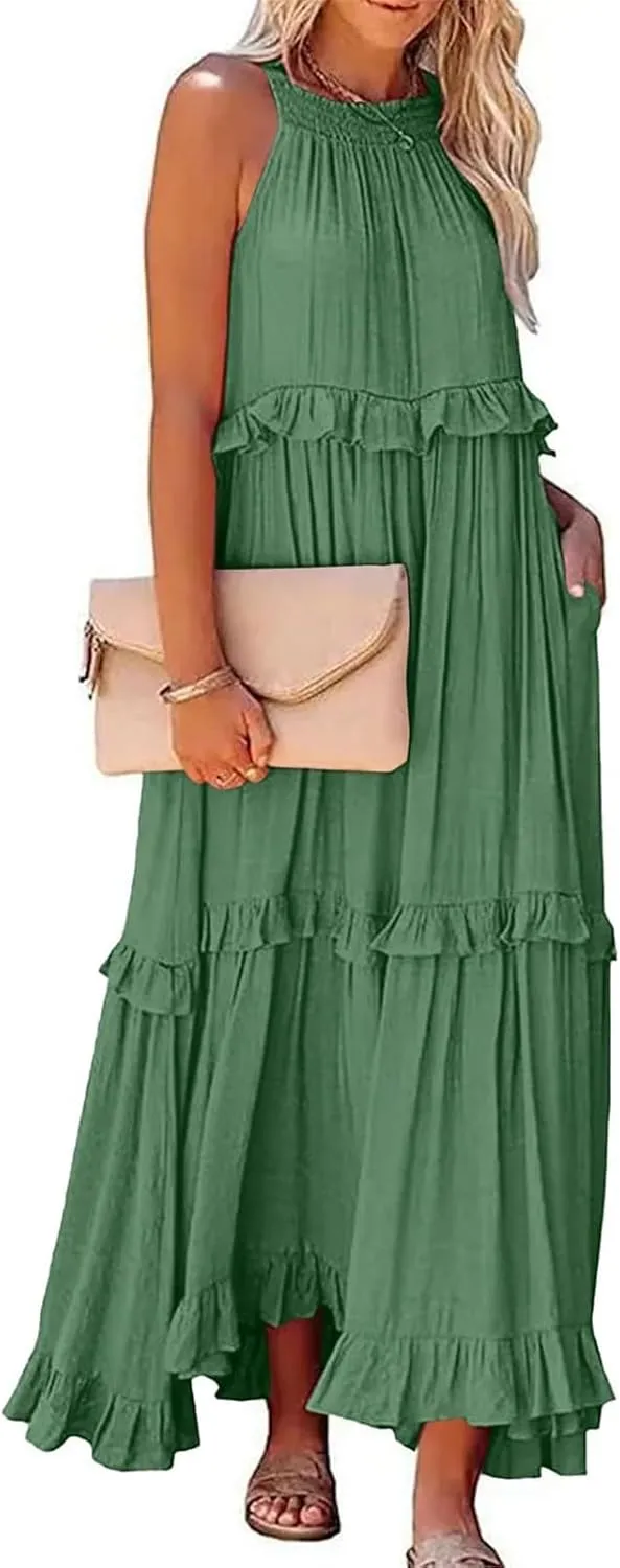 Maxi Dresses for Women 2025 Summer Sleeveless Halter Neck Tea Party Flowy Vacation Tiered Loose Long Dress