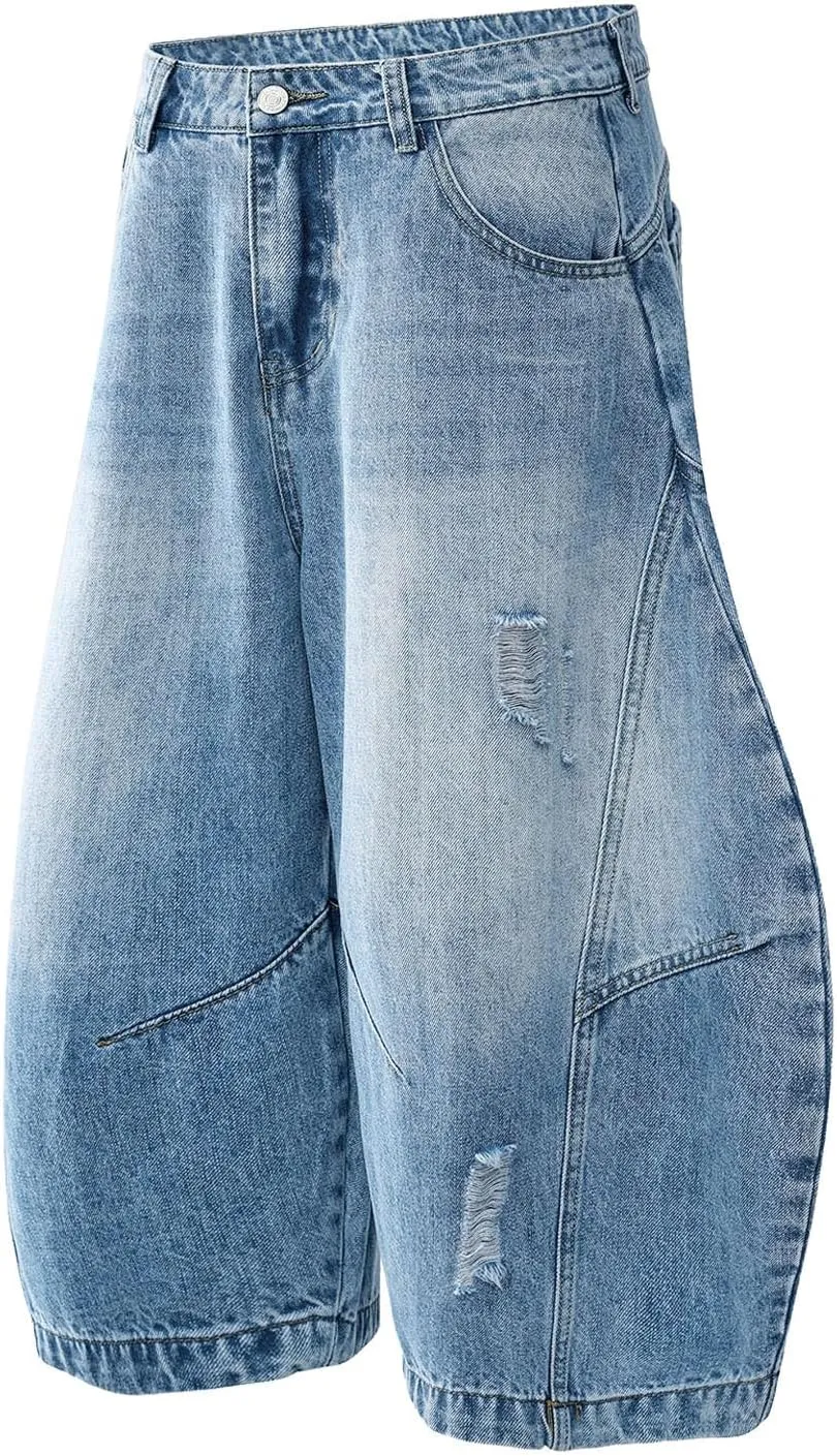 Men Baggy Jean Shorts Loose Fit Mid Denim Shorts Wide Leg Y2K Grunge Streetwear