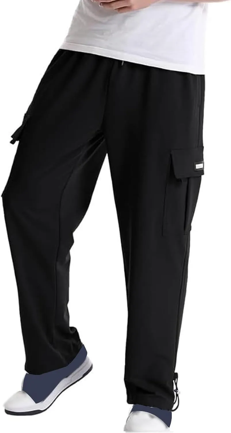 Mens Cargo Sweatpants Loose Fit Pants Joggers Heavyweight Open Bottom Drawstring Sweat Pants for Men with Pockets