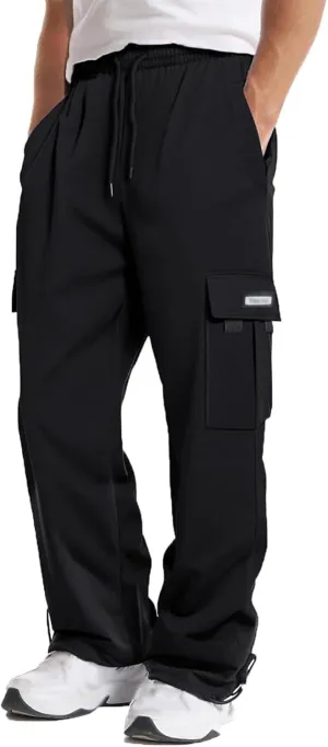 Mens Cargo Sweatpants Loose Fit Pants Joggers Heavyweight Open Bottom Drawstring Sweat Pants for Men with Pockets