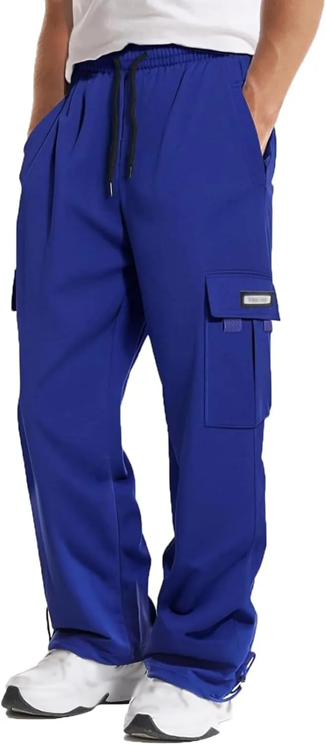 Mens Cargo Sweatpants Loose Fit Pants Joggers Heavyweight Open Bottom Drawstring Sweat Pants for Men with Pockets