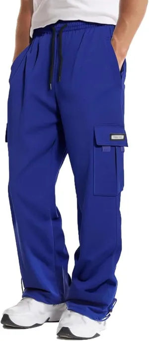 Mens Cargo Sweatpants Loose Fit Pants Joggers Heavyweight Open Bottom Drawstring Sweat Pants for Men with Pockets