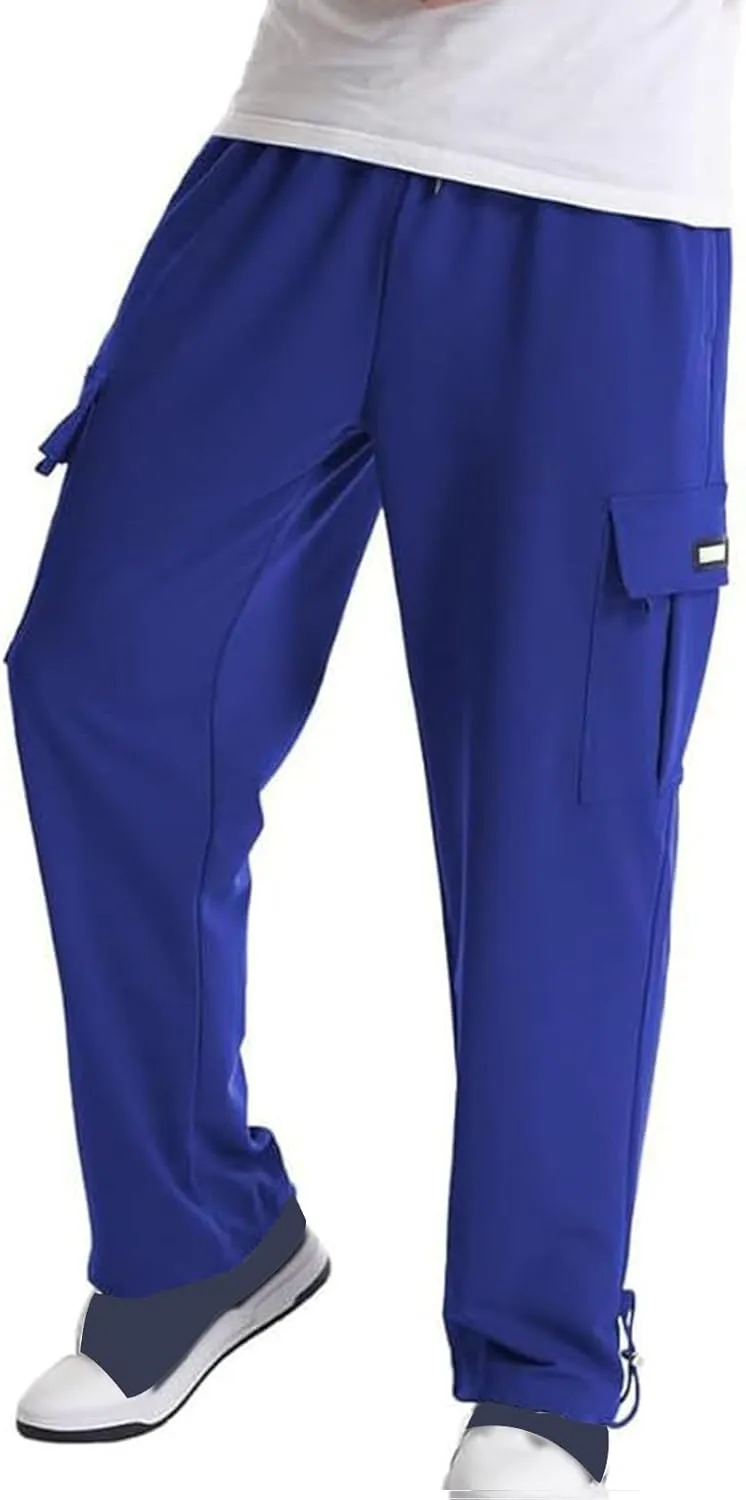 Mens Cargo Sweatpants Loose Fit Pants Joggers Heavyweight Open Bottom Drawstring Sweat Pants for Men with Pockets