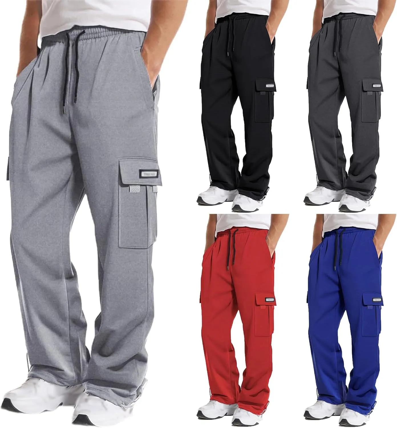 Mens Cargo Sweatpants Loose Fit Pants Joggers Heavyweight Open Bottom Drawstring Sweat Pants for Men with Pockets