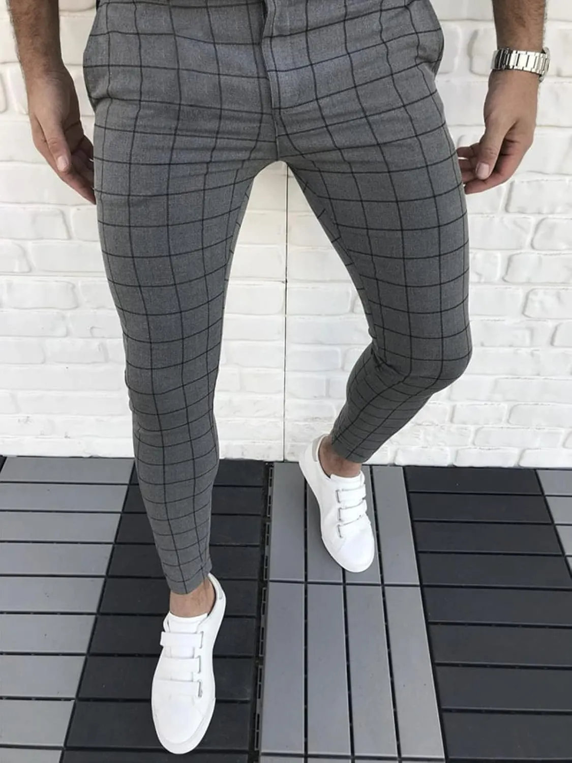 Men's Dress Pants Plaid Skinny Slim Fit Dress Pants Stretch Regular Fit Business Casual Fashion Golf Pencil Chinos Pants