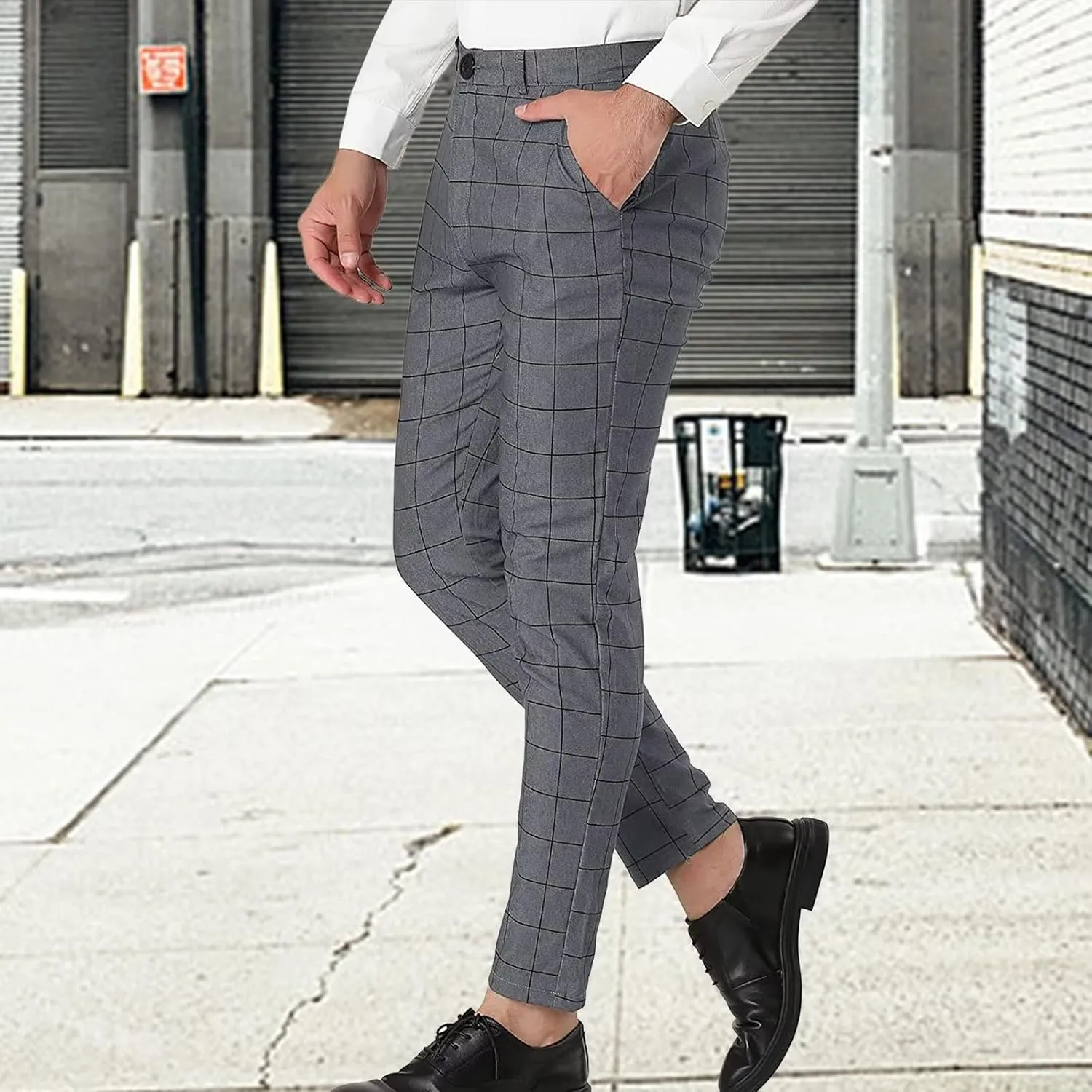 Men's Dress Pants Plaid Skinny Slim Fit Dress Pants Stretch Regular Fit Business Casual Fashion Golf Pencil Chinos Pants
