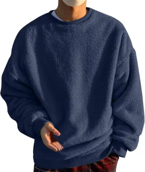 Mens Fleece Crewneck Sweatshirts Fuzzy Sherpa Sweatshirt Long Sleeve Fluffy Pullover Cozy Basic Fall Winter Warm Tops