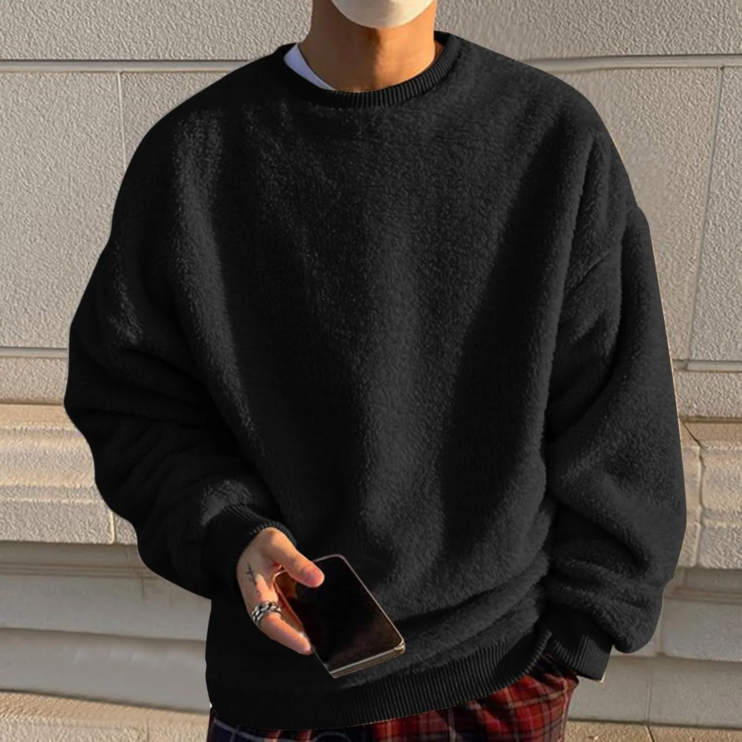 Mens Fleece Crewneck Sweatshirts Fuzzy Sherpa Sweatshirt Long Sleeve Fluffy Pullover Cozy Basic Fall Winter Warm Tops