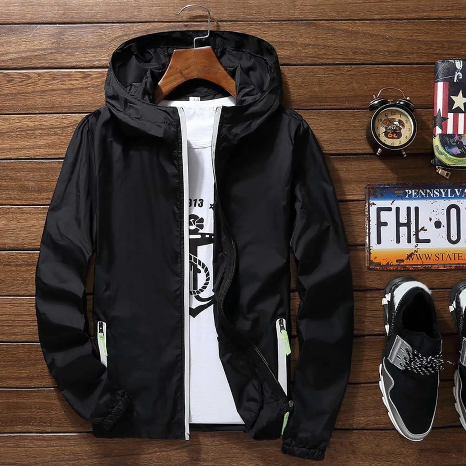 Mens Lightweight Waterproof Rain Jacket Windbreaker Casual Refleciton Zip Up Jackets with Hood Mens