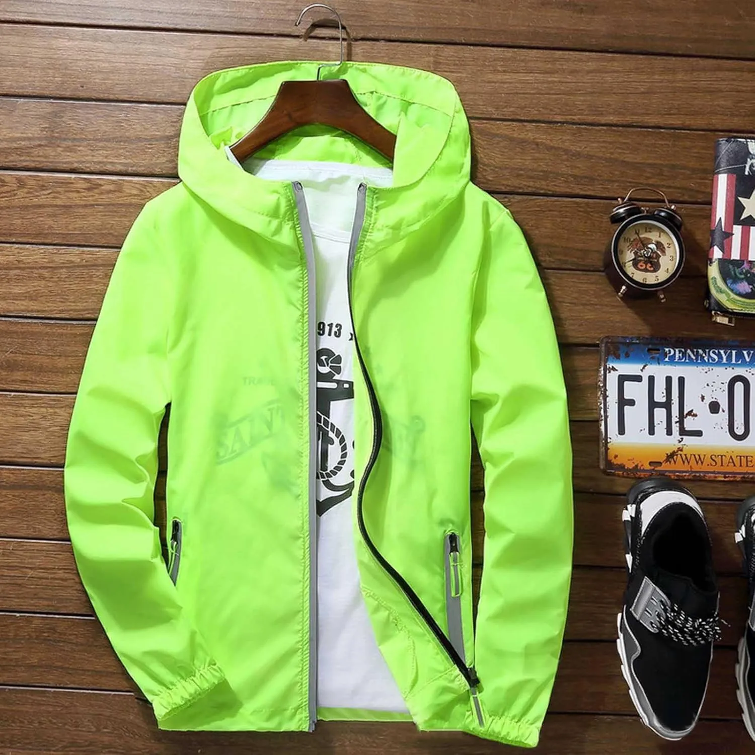 Mens Lightweight Waterproof Rain Jacket Windbreaker Casual Refleciton Zip Up Jackets with Hood Mens