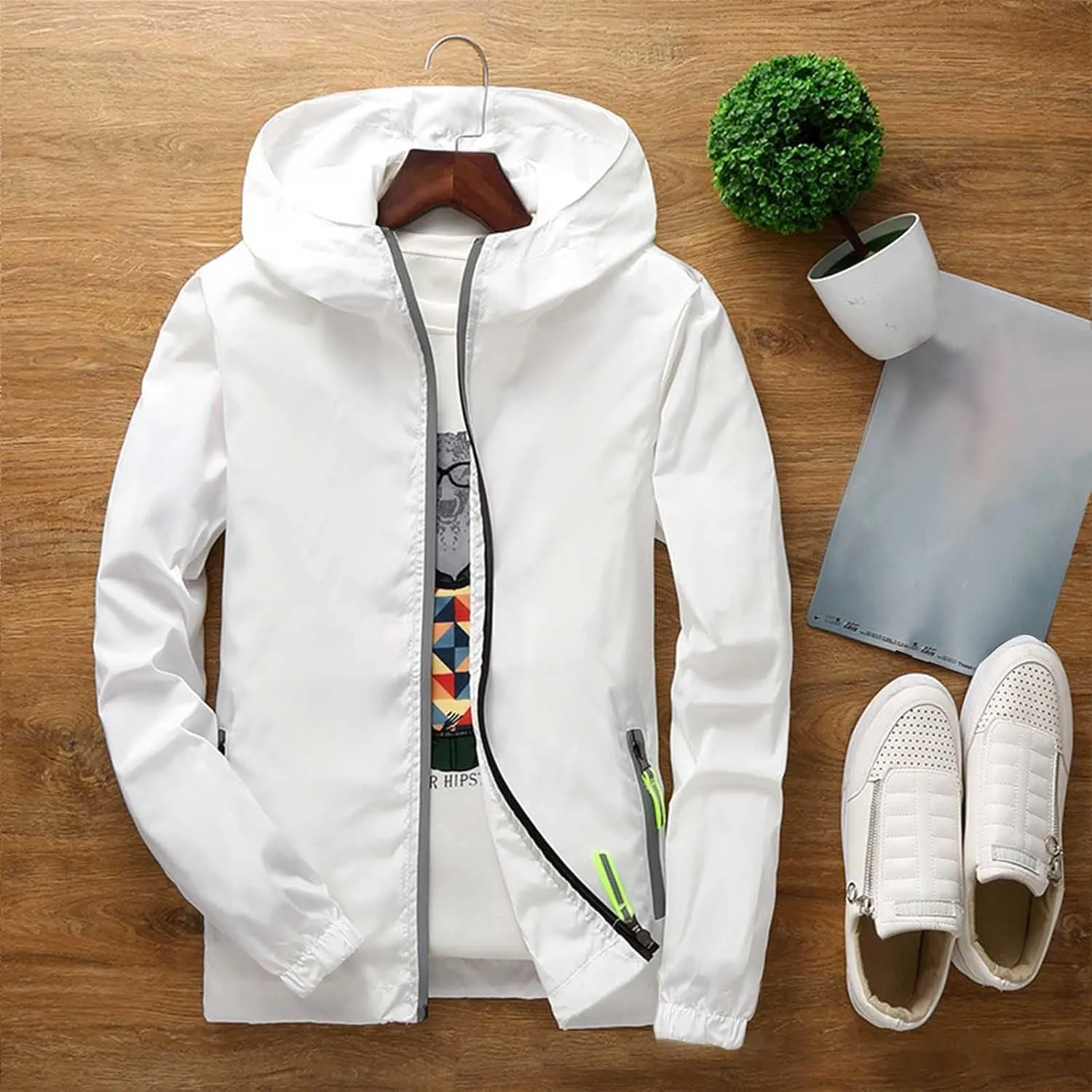 Mens Lightweight Waterproof Rain Jacket Windbreaker Casual Refleciton Zip Up Jackets with Hood Mens