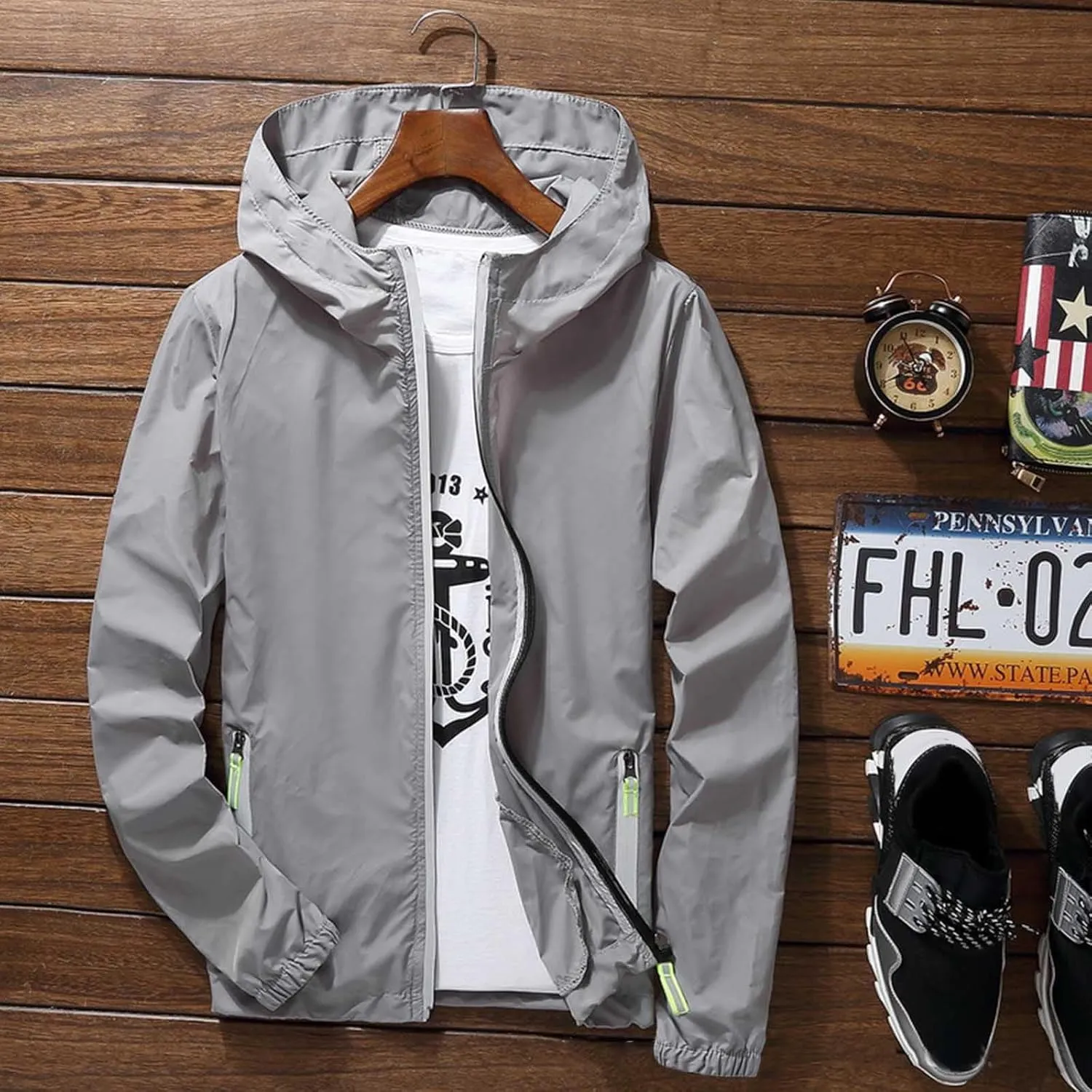 Mens Lightweight Waterproof Rain Jacket Windbreaker Casual Refleciton Zip Up Jackets with Hood Mens