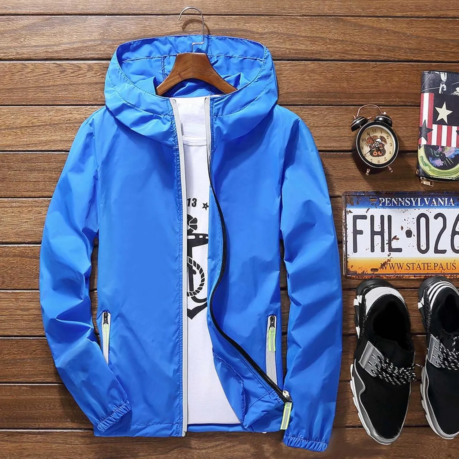 Mens Lightweight Waterproof Rain Jacket Windbreaker Casual Refleciton Zip Up Jackets with Hood Mens