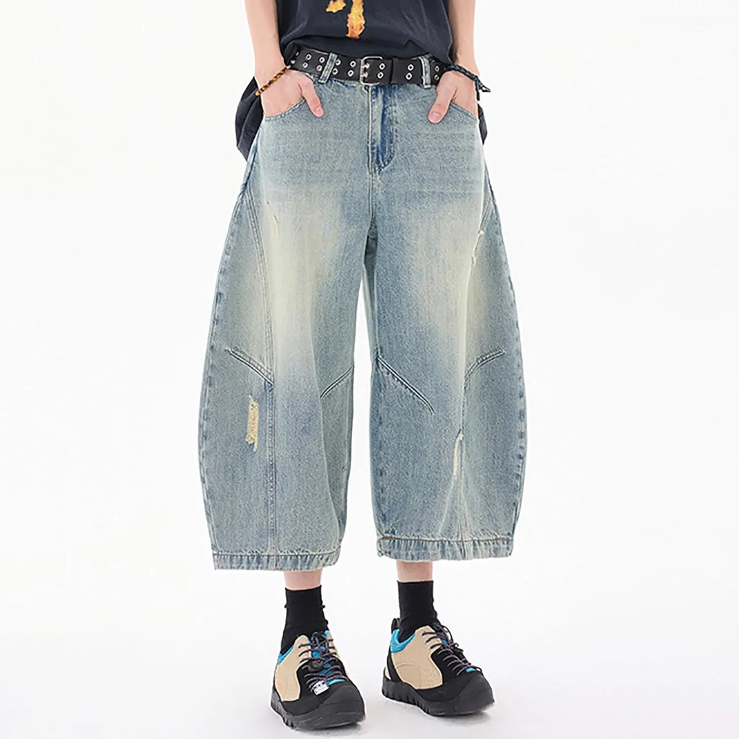 Men's Loose Y2K Hip Hop Mid Jean Shorts Work Denim Shorts with Pockets Casual Summer Streetwear Clothes