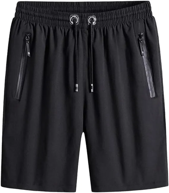Men's Plus Size Ice Silk Stretch Shorts, Casual Beach Shorts, Quick Dry Sports Shorts with Zippered Pockets (Black,XXL), XX-Large