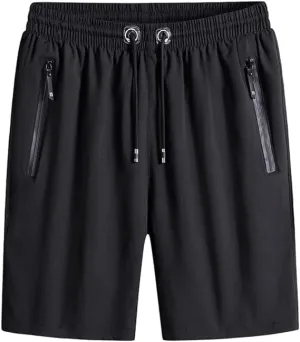 Men's Plus Size Ice Silk Stretch Shorts, Casual Beach Shorts, Quick Dry Sports Shorts with Zippered Pockets (Black,XXL), XX-Large