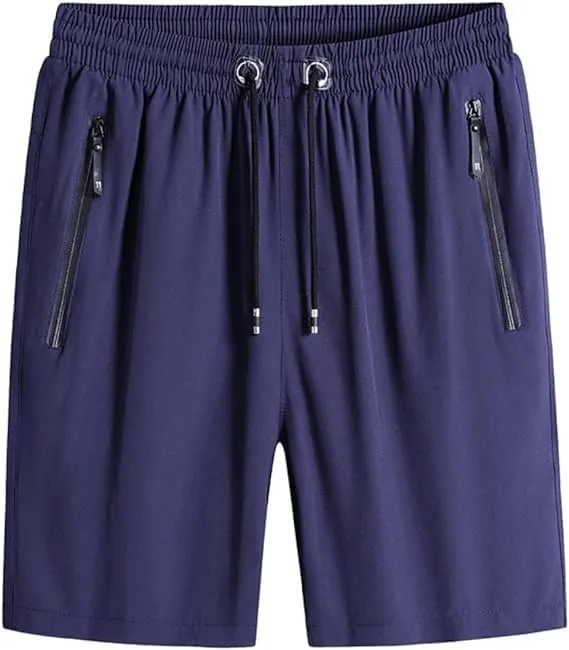 Men's Plus Size Ice Silk Stretch Shorts, Casual Beach Shorts, Quick Dry Sports Shorts with Zippered Pockets (Blue,7XL)
