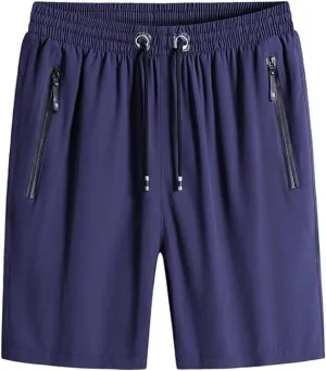 Men's Plus Size Ice Silk Stretch Shorts, Casual Beach Shorts, Quick Dry Sports Shorts with Zippered Pockets (Blue,7XL)