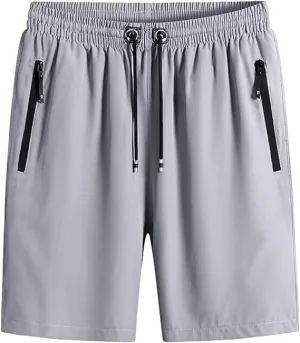 Men's Plus Size Ice Silk Stretch Shorts, Casual Beach Shorts, Quick Dry Sports Shorts with Zippered Pockets (Grey,4XL)