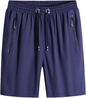 Men's Plus Size Ice Silk Stretch Shorts with Zippered Pockets, Quick Dry Workout Shorts Athletic Running Shorts