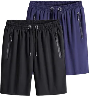 Men's Plus Size Ice Silk Stretch Shorts with Zippered Pockets, Quick Dry Workout Shorts Athletic Running Shorts