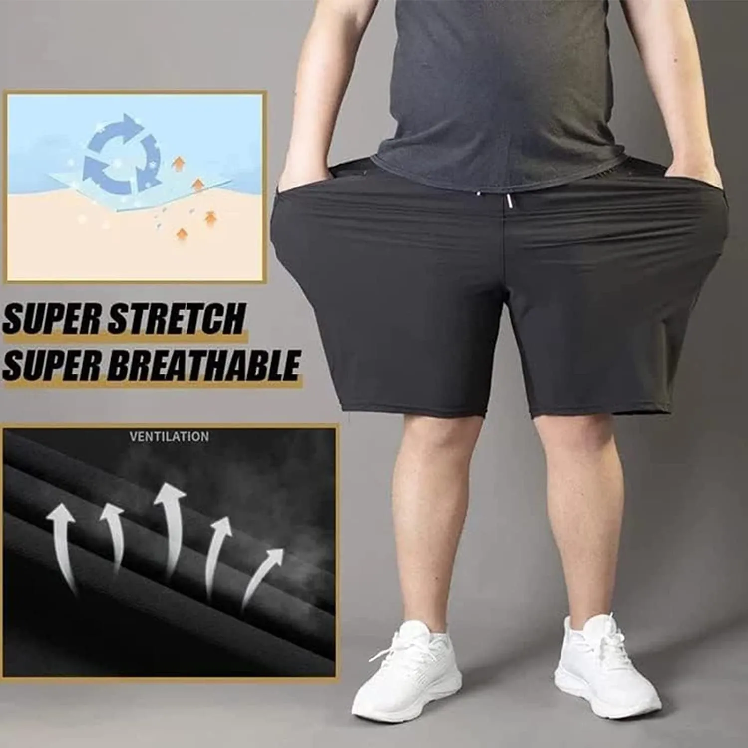 Men's Plus Size Ice Silk Stretch Shorts with Zippered Pockets, Quick Dry Workout Shorts Athletic Running Shorts