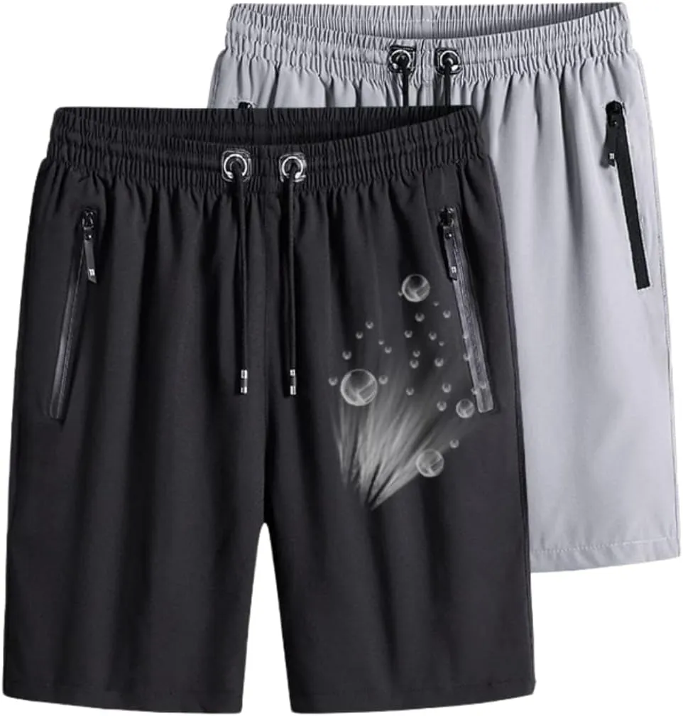 Men's Plus Size Ice Silk Stretch Shorts with Zippered Pockets, Quick Dry Workout Shorts Athletic Running Shorts