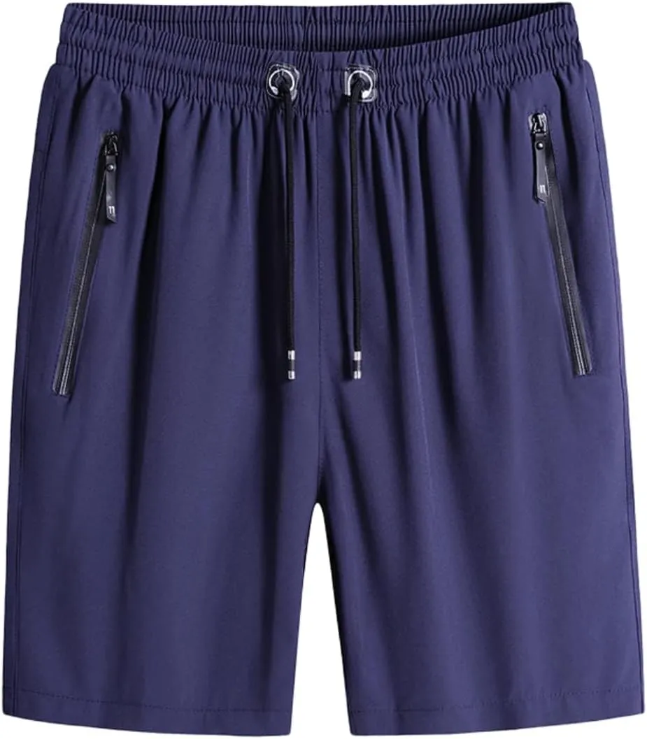 Men's Plus Size Ice Silk Stretch Shorts with Zippered Pockets, Quick Dry Workout Shorts Athletic Running Shorts